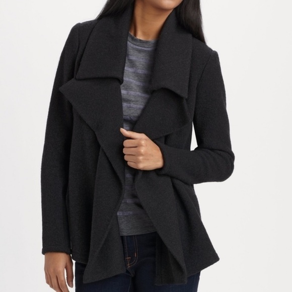 THEORY Riva Classic Cashmere Wool Charcoal Grey Open Cardigan Collared Sweater - Picture 2 of 7